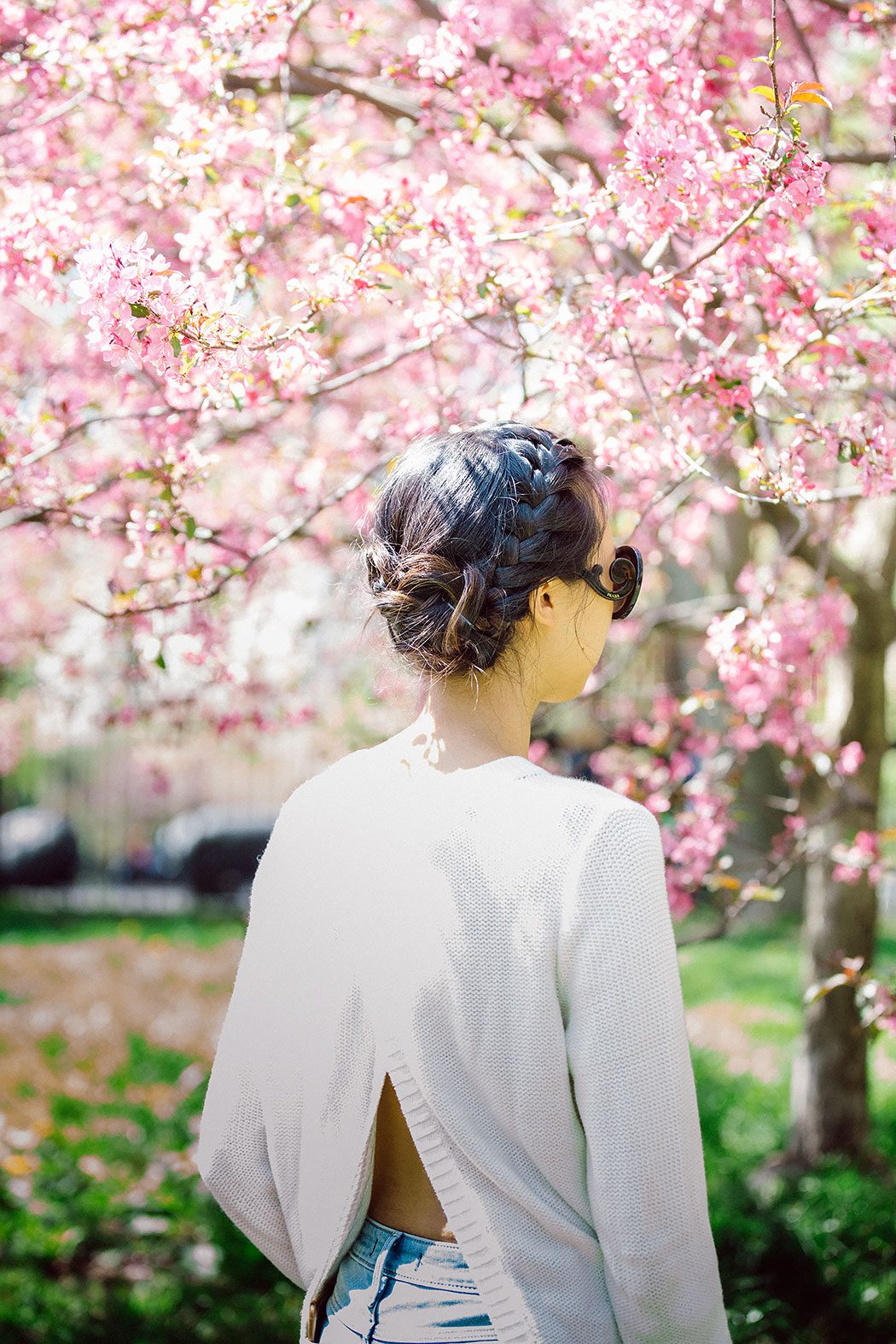 new york city central park bethesda terrace cherry blossom braided updo hair style