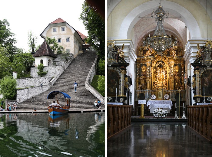 Eastern Europe Slovenia Travel Tourist Lake Bled Pletna Boat Church Mary Row Oars Mountains Steps Monk Stairs Legend Tradition Water Serene Green Scenic