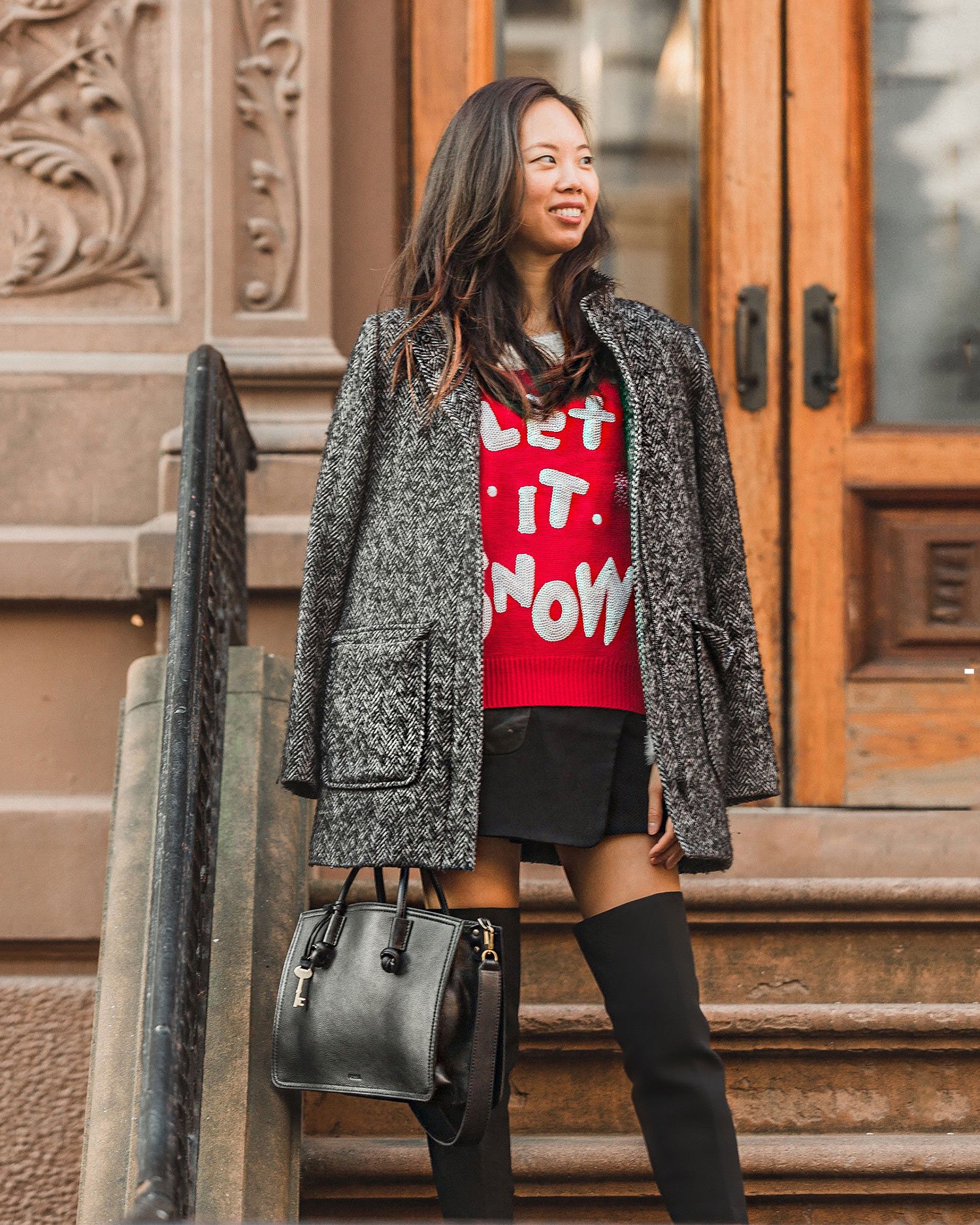 Cute Ugly Christmas Sweater with White Fuzzy Sleeves