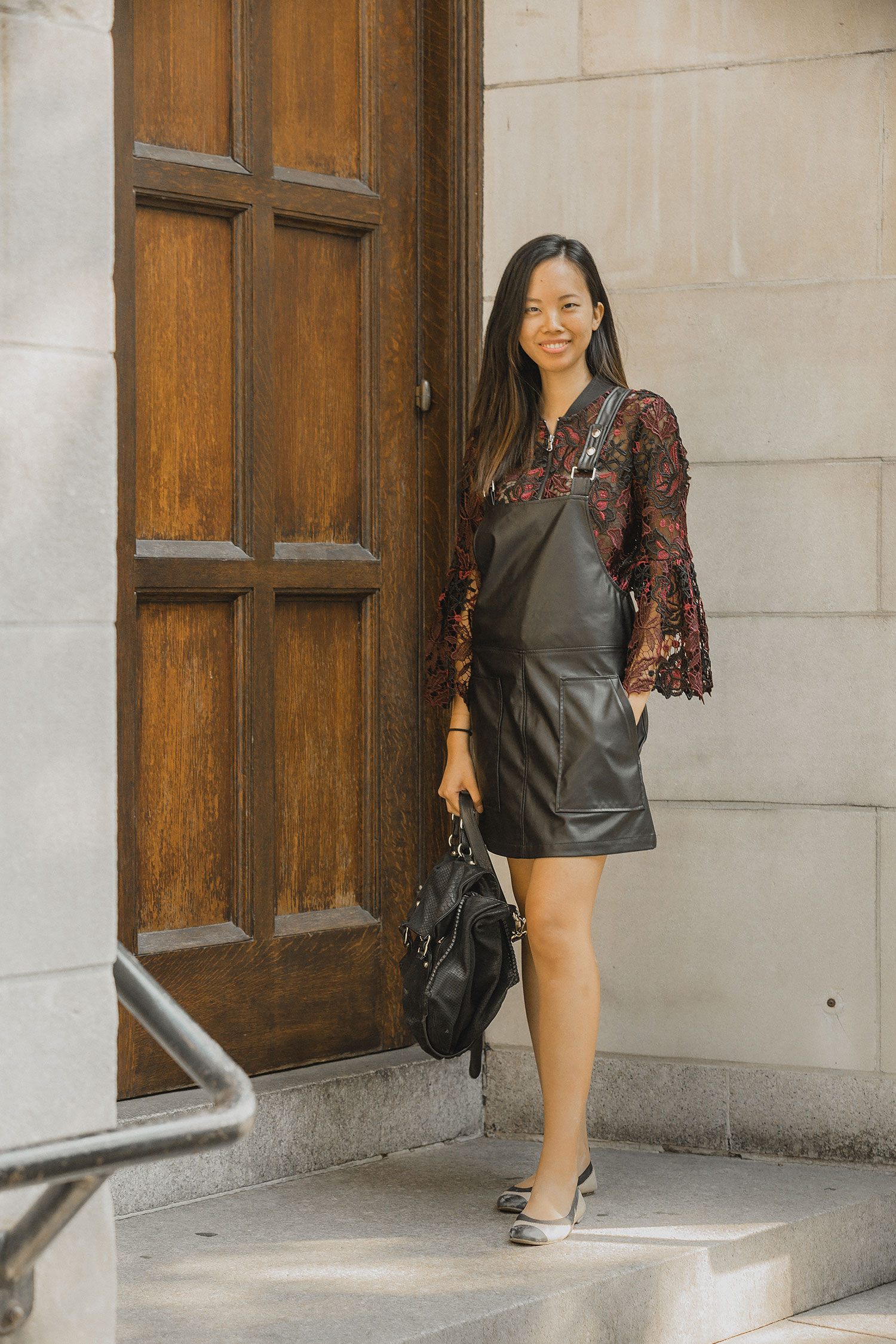 Bomber lace blouse Leather overalls