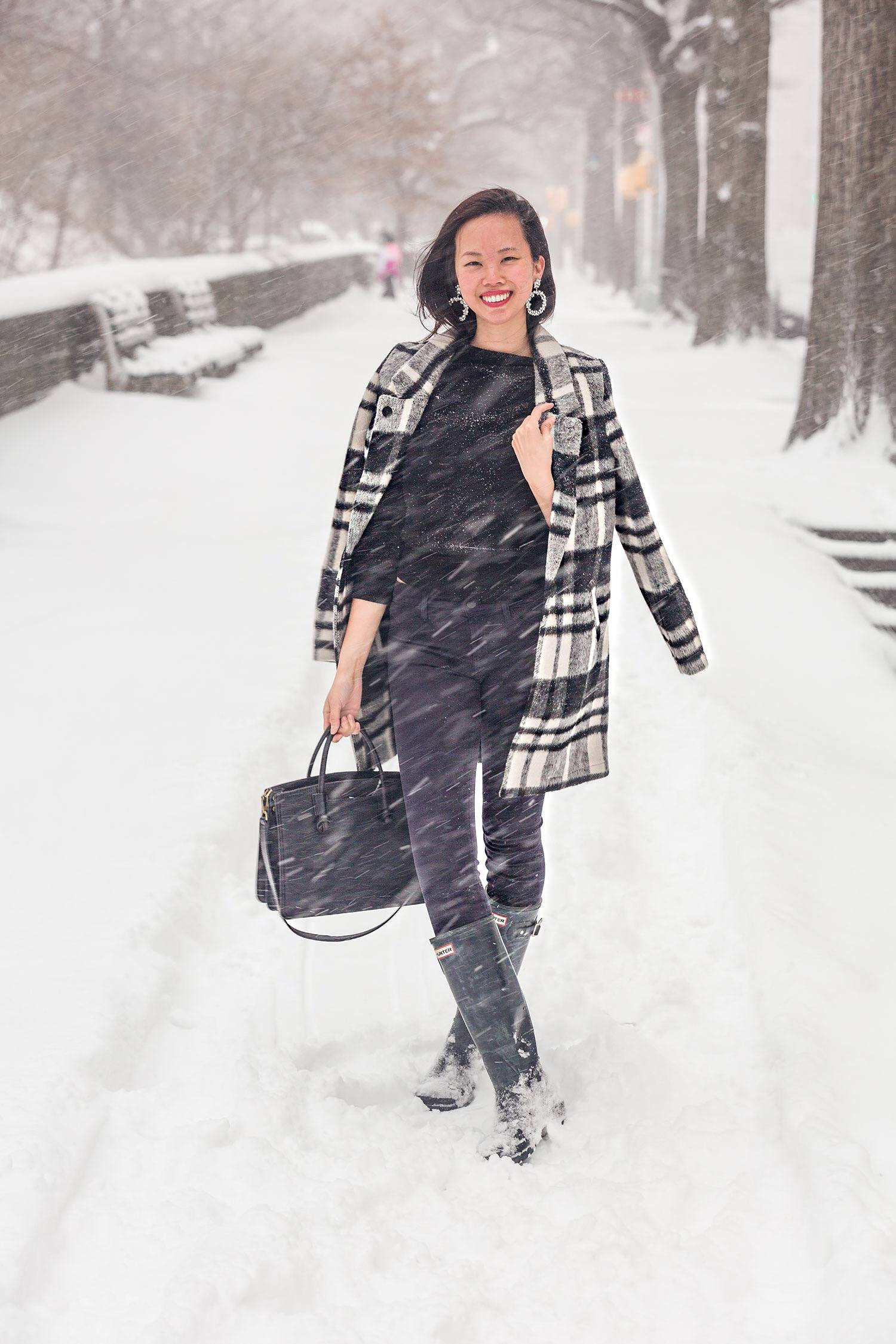 Scotch & Soda Plai Winter Coat over Hunter Boots and J Brand Coated Jeans with Fossil Black Handbag