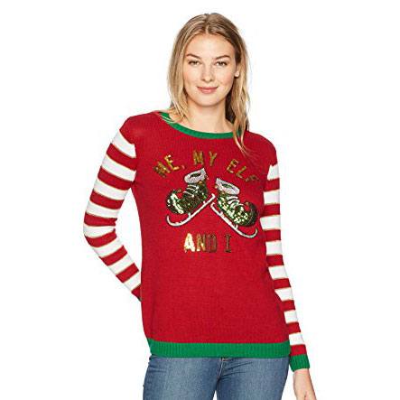 Womens Ugly Christmas Sweater with striped Sleeves and Elves