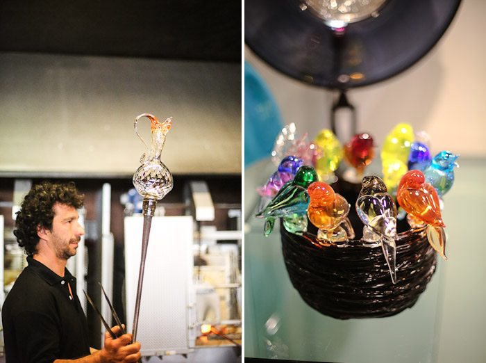 europe italy venice venezia milano glass demonstrate showing glassblower horse vase kiln hot fire chandelier bird birds figurine