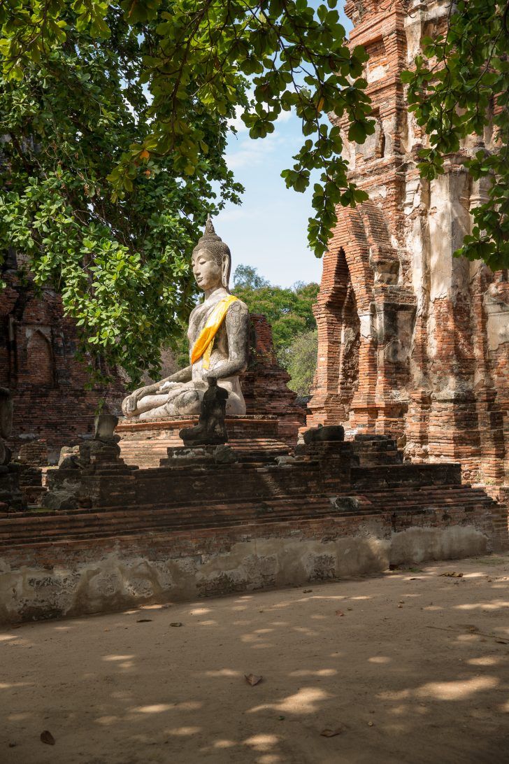 tailândia ayutthaya, a antiga sião ruínas de buda de templo wat estrutura de pedra, de tijolo árvore bodhi tailandês viagem de verão foto sher ela vai shershegoes.com