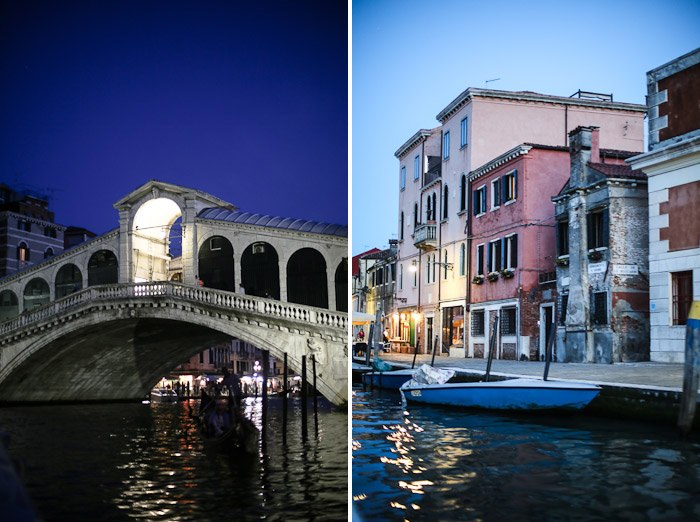 europe italy travel lagoon sea ocean water lights rialto bridge sunset night lights architecture houses venetian venezia pink blue