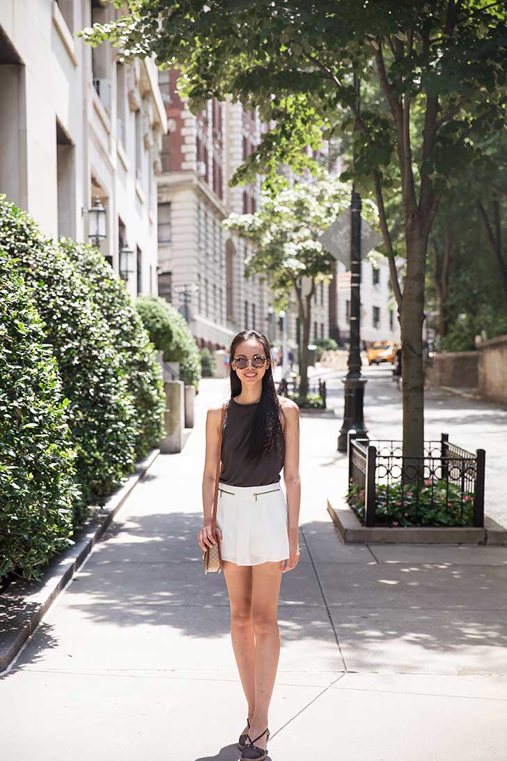 vintage celine bag white shorts open back tank summer outfit