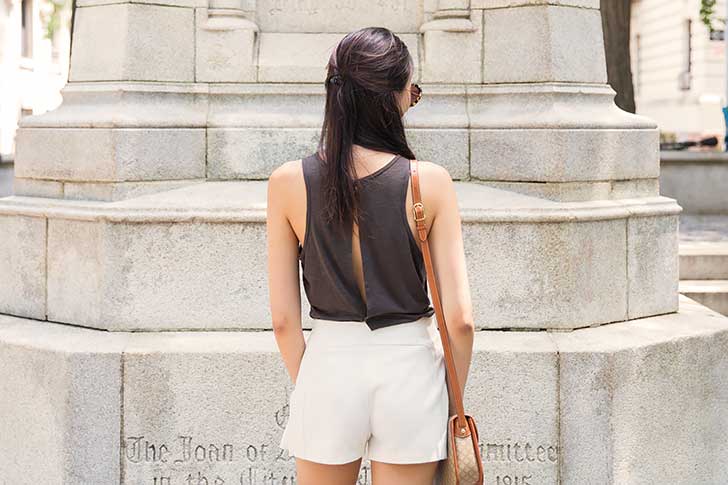 vintage celine bag white shorts open back tank summer outfit